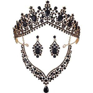 NWT Sparkling Bling Crystal Rhinestone Black/Gold Tiara Necklace Set